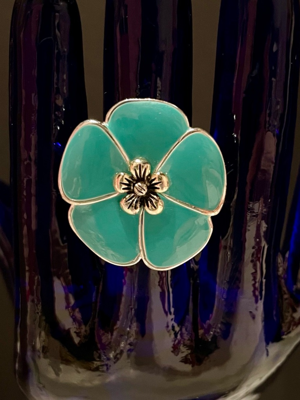 Premier Designs Teal Enamel Flower Ring sz 6.5